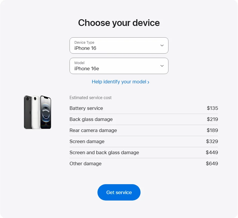 Apple Canada's repair pricing panel showing iPhone 16e service estimates