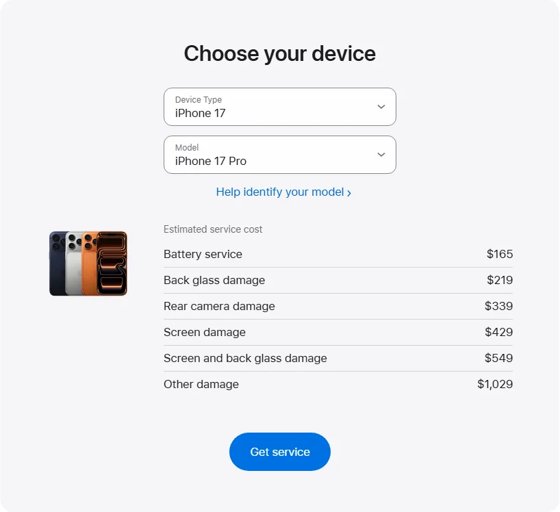 Apple Canada's repair pricing panel showing iPhone 17 Pro service estimates