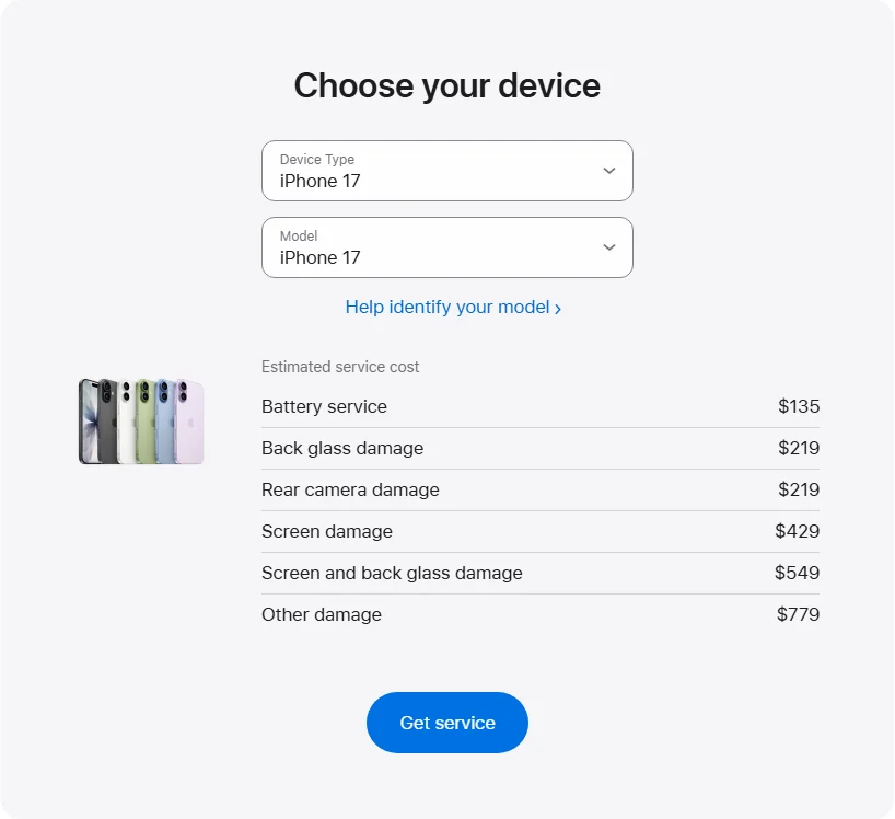 Apple Canada's repair pricing panel showing iPhone 17 service estimates