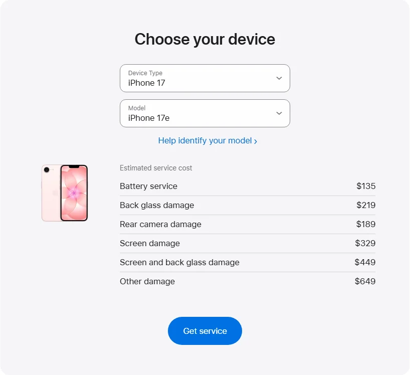 Apple Canada's repair pricing panel showing iPhone 17e service estimates