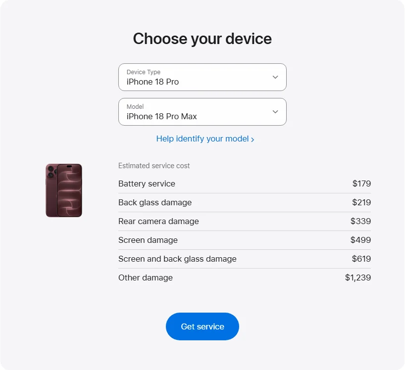 Apple Canada's repair pricing panel showing iPhone 18 Pro Max service estimates