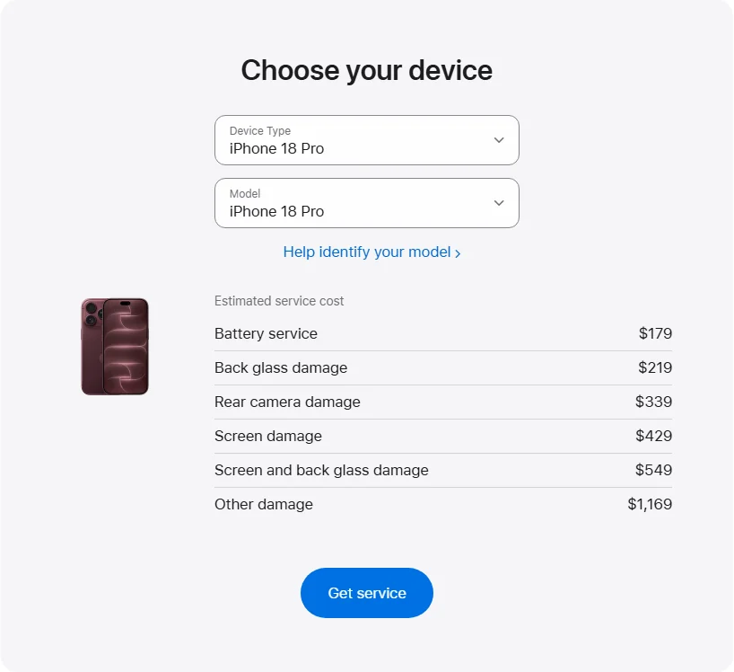 Apple Canada's repair pricing panel showing iPhone 18 Pro service estimates