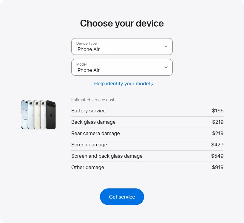 Apple Canada's repair pricing panel showing iPhone Air service estimates