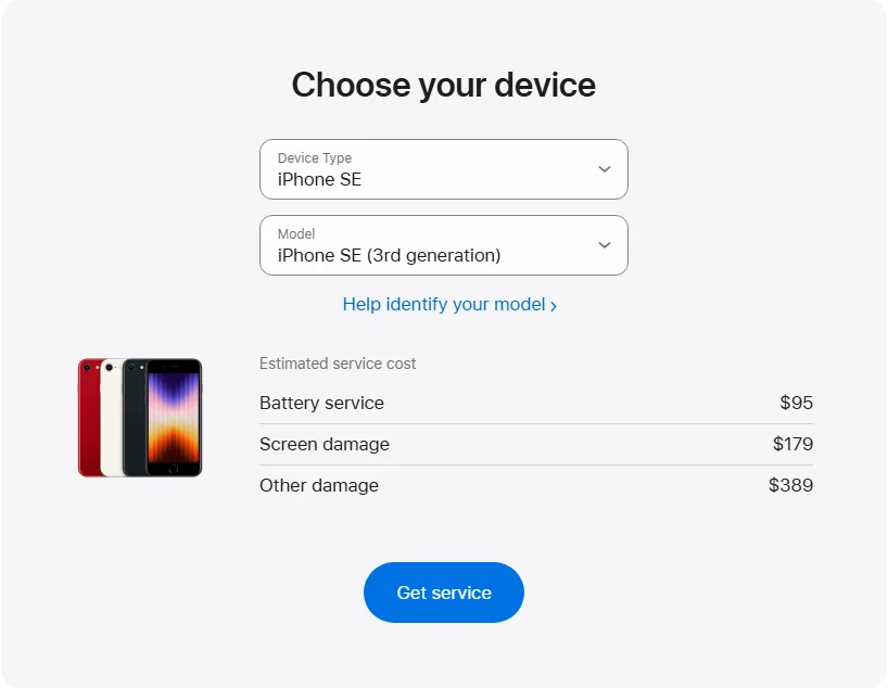 Apple Canada's repair pricing panel showing iPhone SE (3rd generation) service estimates