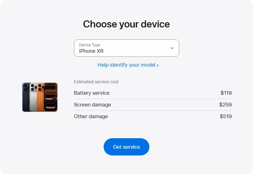 Apple Canada's repair pricing panel showing iPhone XR service estimates