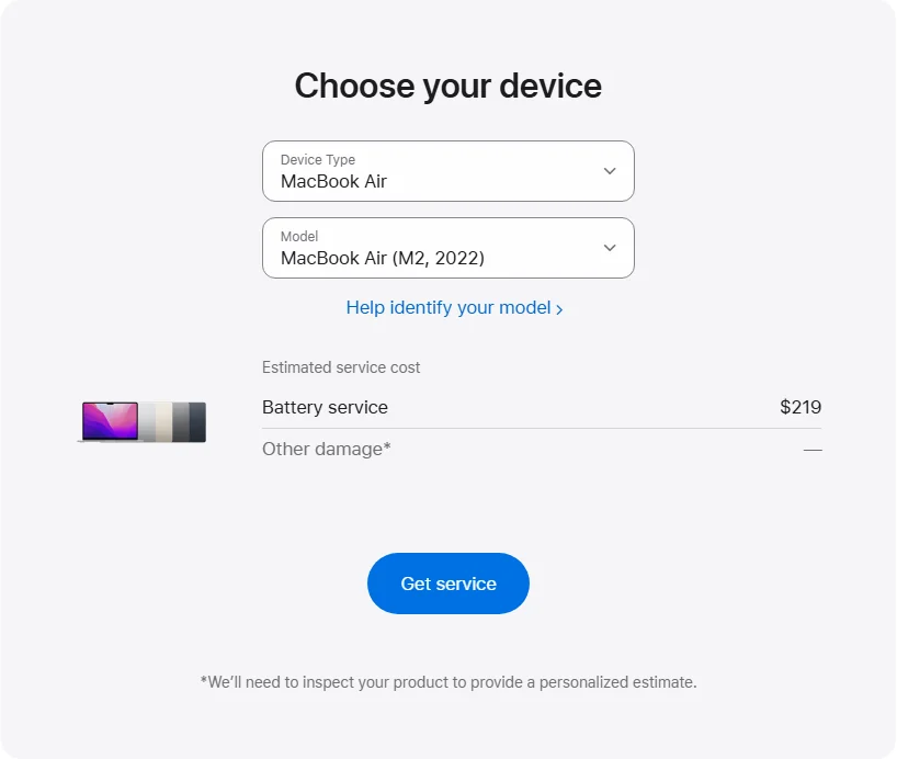Apple Canada's repair pricing panel showing MacBook Air (M2, 2022) service estimates