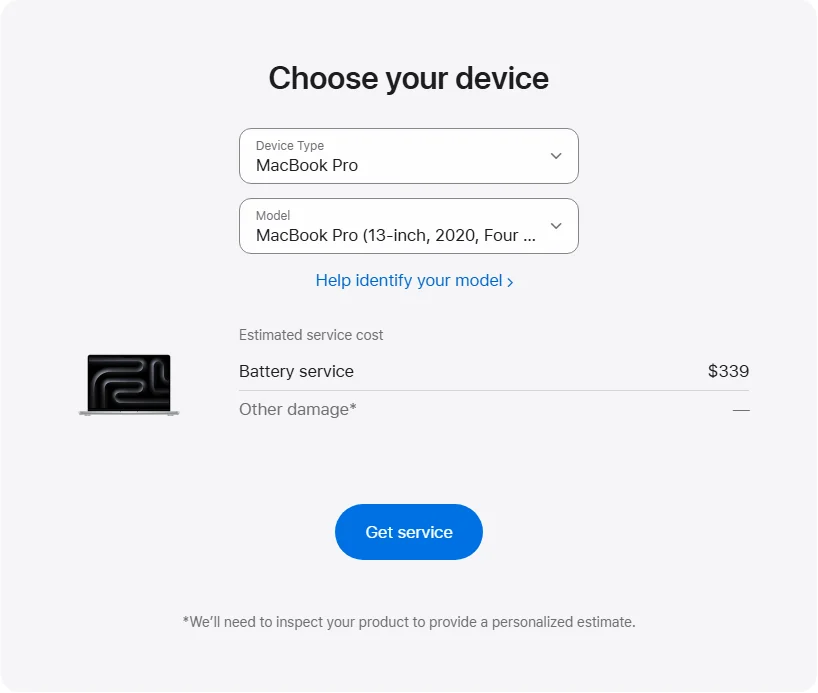 Apple Canada's repair pricing panel showing MacBook Pro (13-inch, 2020, Four Thunderbolt 3 Ports) service estimates