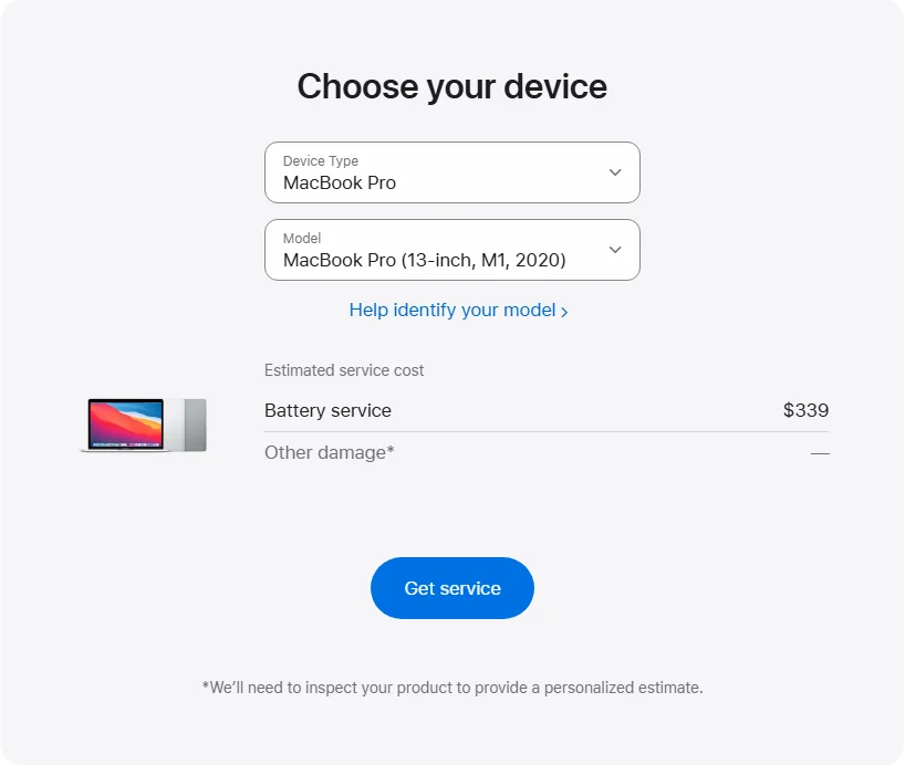 Apple Canada's repair pricing panel showing MacBook Pro (13-inch, M1, 2020) service estimates