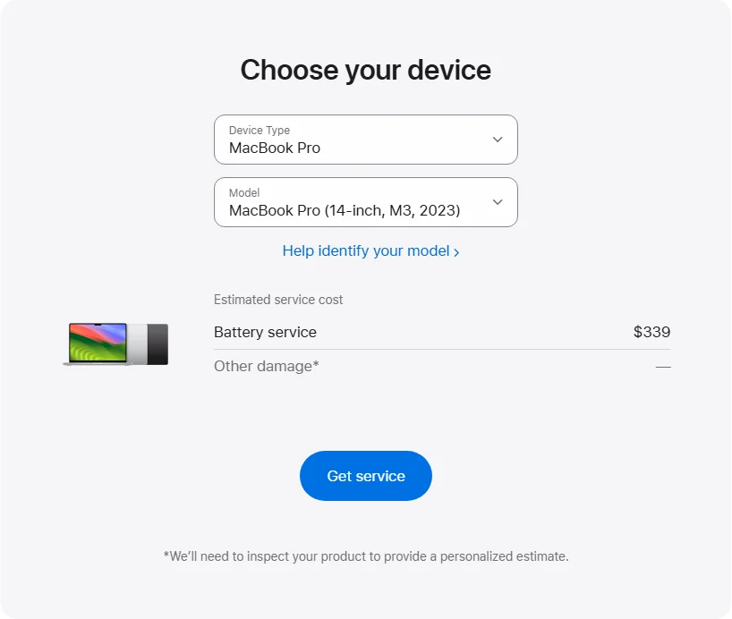 Apple Canada's repair pricing panel showing MacBook Pro (14-inch, M3, 2023) service estimates