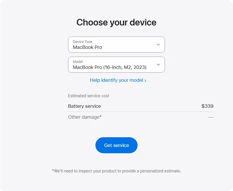 Apple Canada's repair pricing panel showing MacBook Pro (16-inch, M2, 2023) service estimates