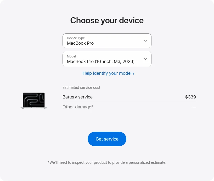 Apple Canada's repair pricing panel showing MacBook Pro (16-inch, M3, 2023) service estimates
