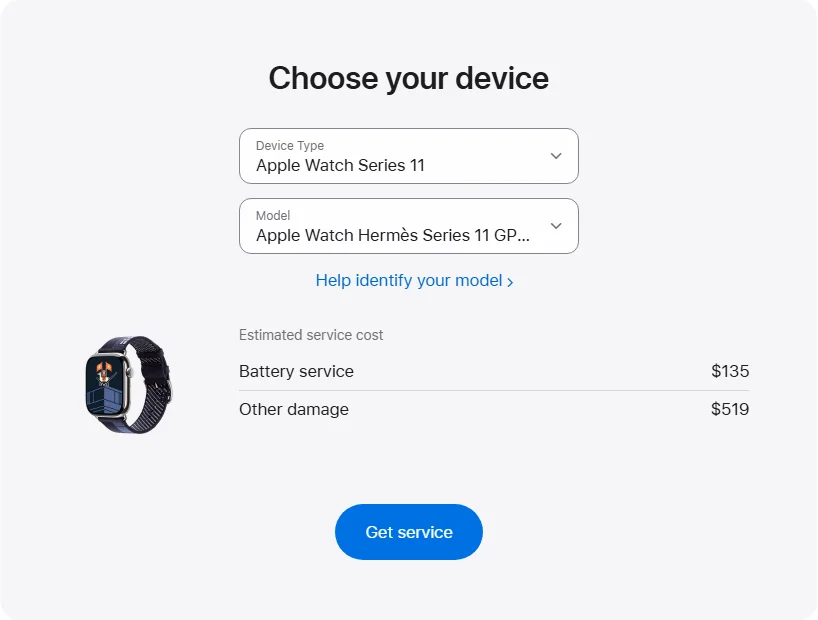 Apple Canada's repair pricing panel showing Apple Watch Hermès Series 11 GPS + Cellular 46mm service estimates