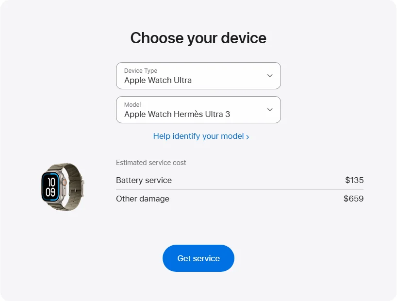 Apple Canada's repair pricing panel showing Apple Watch Hermès Ultra 3 service estimates