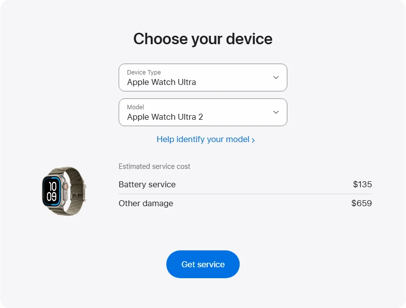 Apple Canada's repair pricing panel showing Apple Watch Ultra 2 service estimates