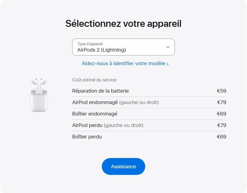 Apple France's repair pricing panel showing AirPods 2 (Lightning) service estimates
