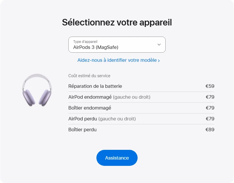 Apple France's repair pricing panel showing AirPods 3 (MagSafe) service estimates
