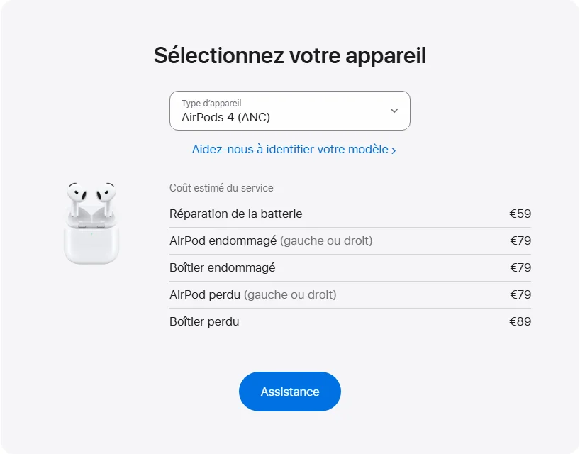 Apple France's repair pricing panel showing AirPods 4 (ANC) service estimates