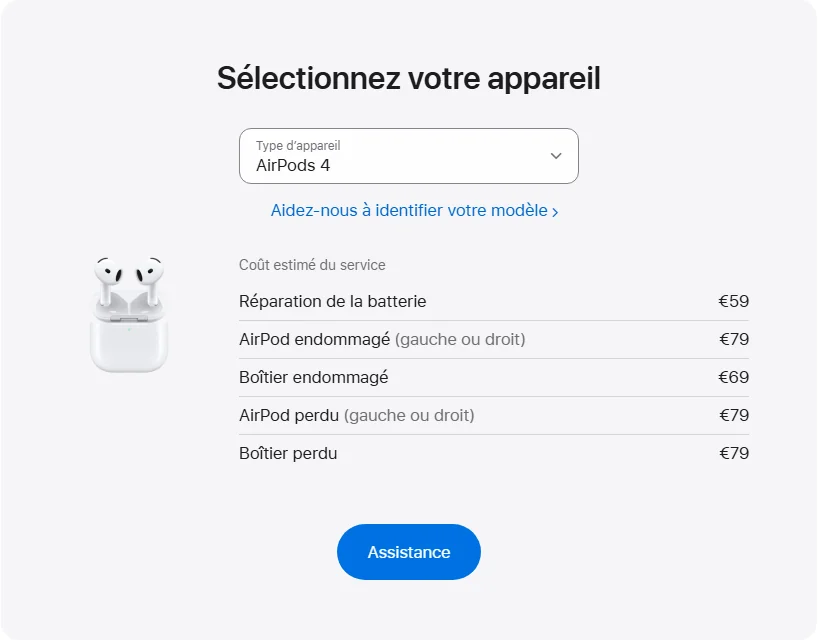 Apple France's repair pricing panel showing AirPods 4 service estimates