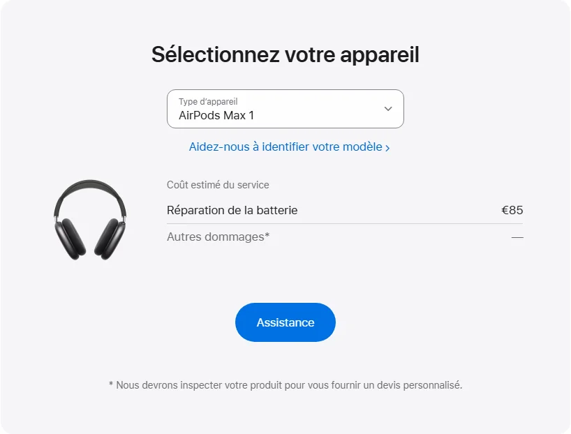 Apple France's repair pricing panel showing AirPods Max 1 service estimates