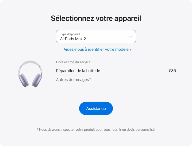 Apple France's repair pricing panel showing AirPods Max 2 service estimates