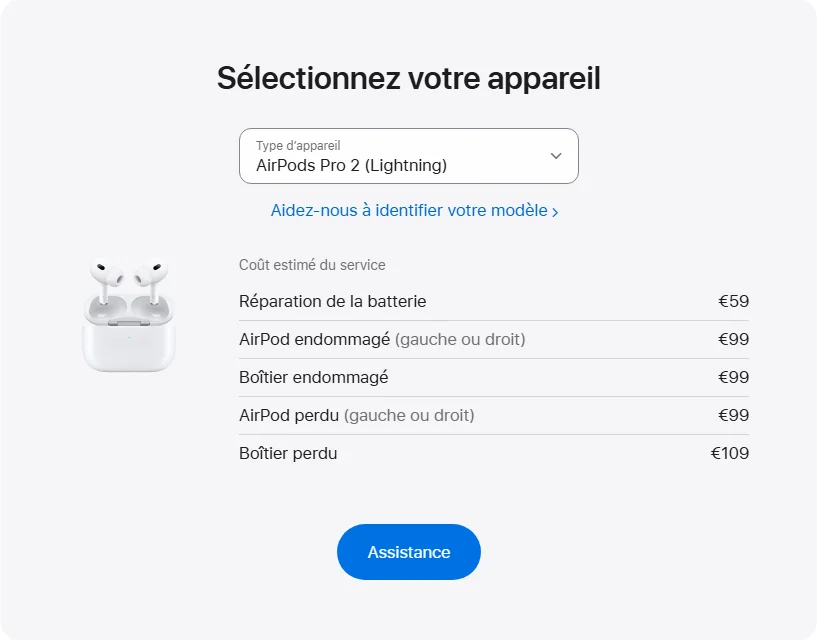 Apple France's repair pricing panel showing AirPods Pro 2 (Lightning) service estimates