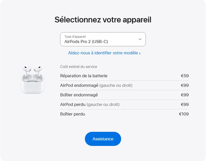 Apple France's repair pricing panel showing AirPods Pro 2 (USB-C) service estimates