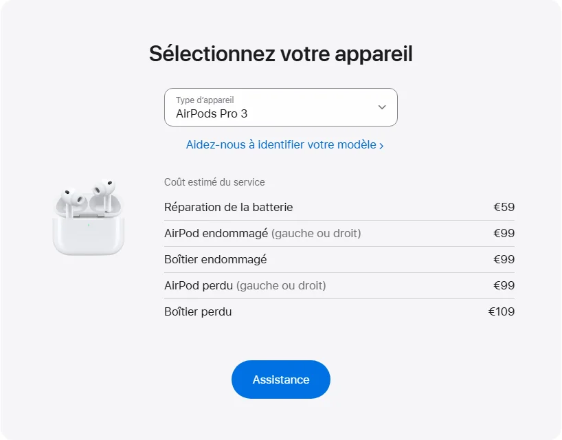 Apple France's repair pricing panel showing AirPods Pro 3 service estimates