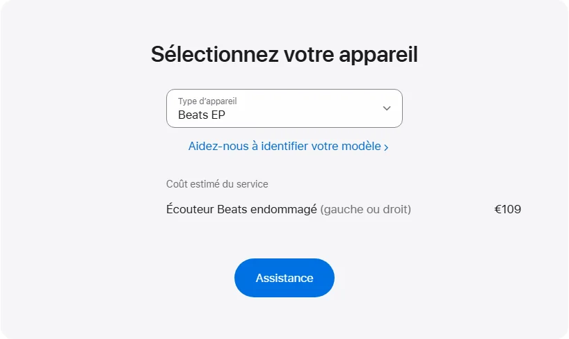 Apple France's repair pricing panel showing Beats EP service estimates