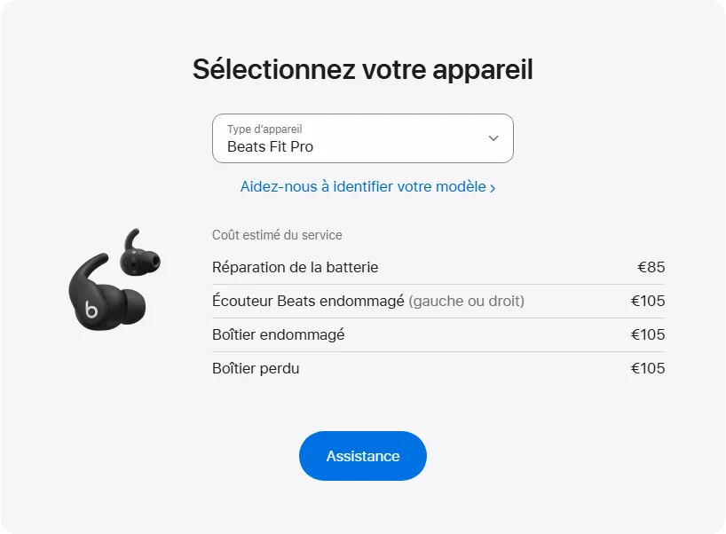 Apple France's repair pricing panel showing Beats Fit Pro service estimates