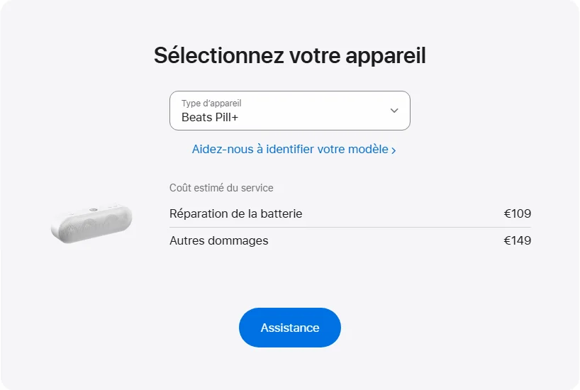 Apple France's repair pricing panel showing Beats Pill+ service estimates