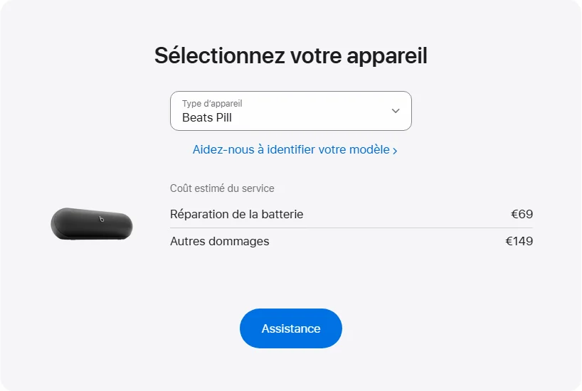 Apple France's repair pricing panel showing Beats Pill service estimates