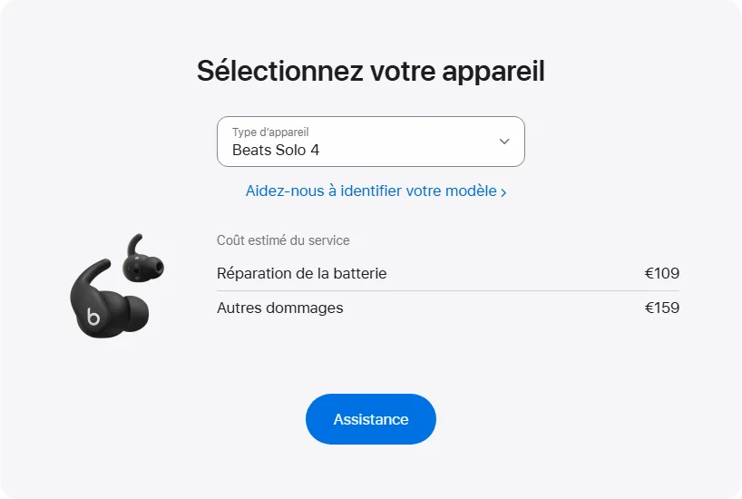 Apple France's repair pricing panel showing Beats Solo 4 service estimates