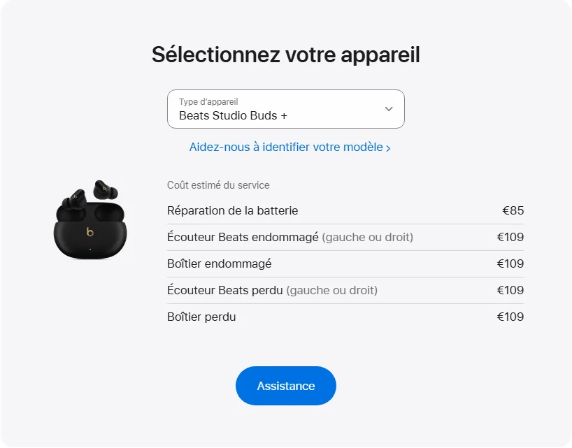 Apple France's repair pricing panel showing Beats Studio Buds + service estimates