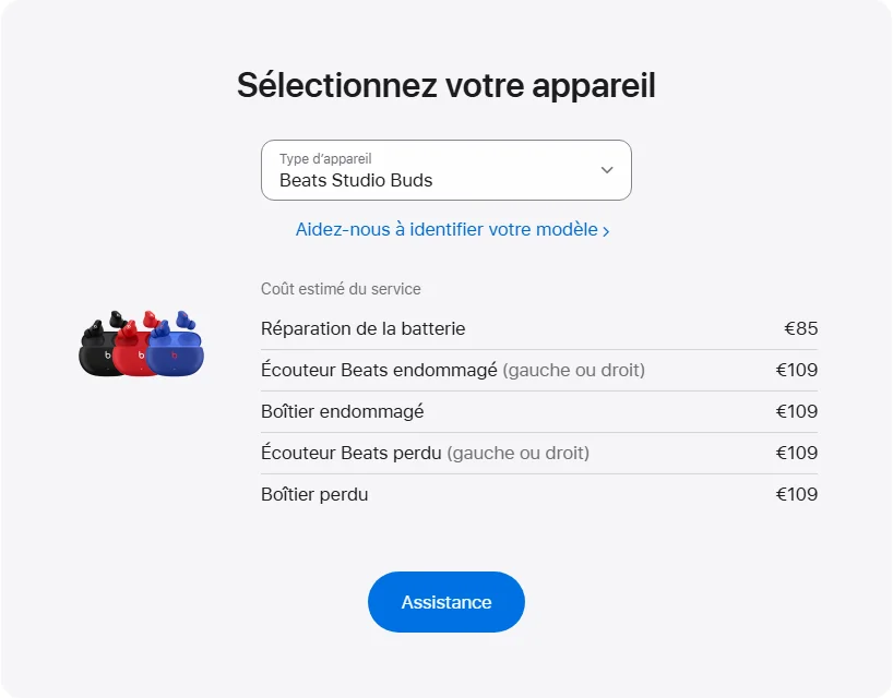 Apple France's repair pricing panel showing Beats Studio Buds service estimates