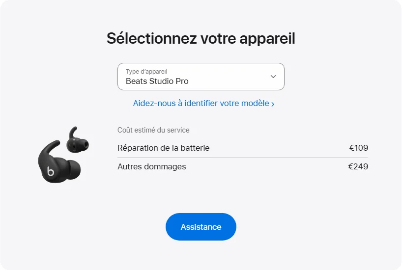 Apple France's repair pricing panel showing Beats Studio Pro service estimates
