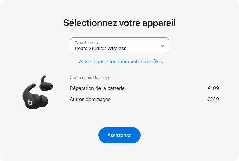 Apple France's repair pricing panel showing Beats Studio2 Wireless service estimates