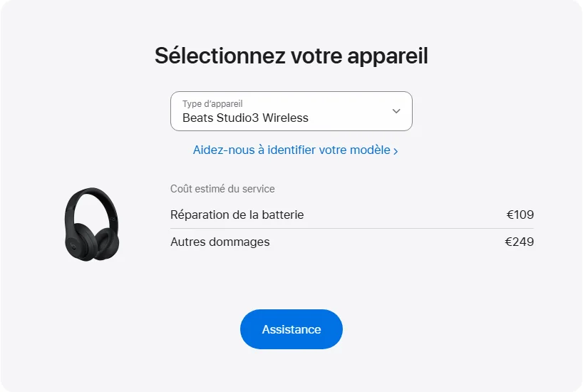Apple France's repair pricing panel showing Beats Studio3 Wireless service estimates