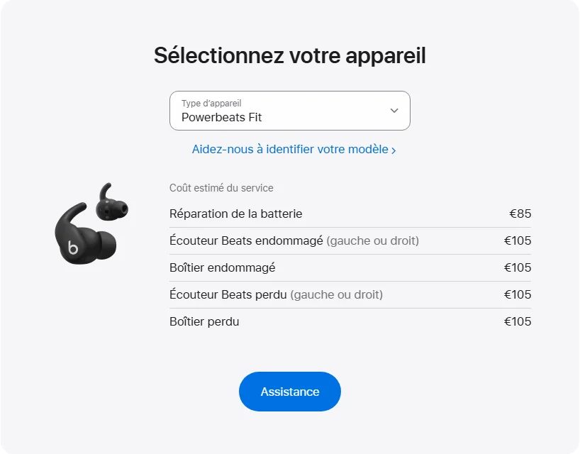Apple France's repair pricing panel showing Powerbeats Fit service estimates