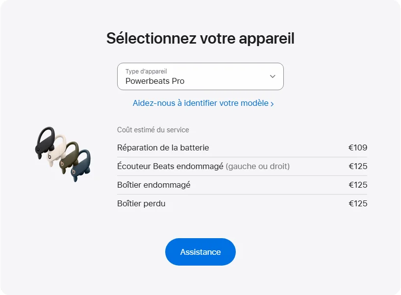 Apple France's repair pricing panel showing Powerbeats Pro service estimates