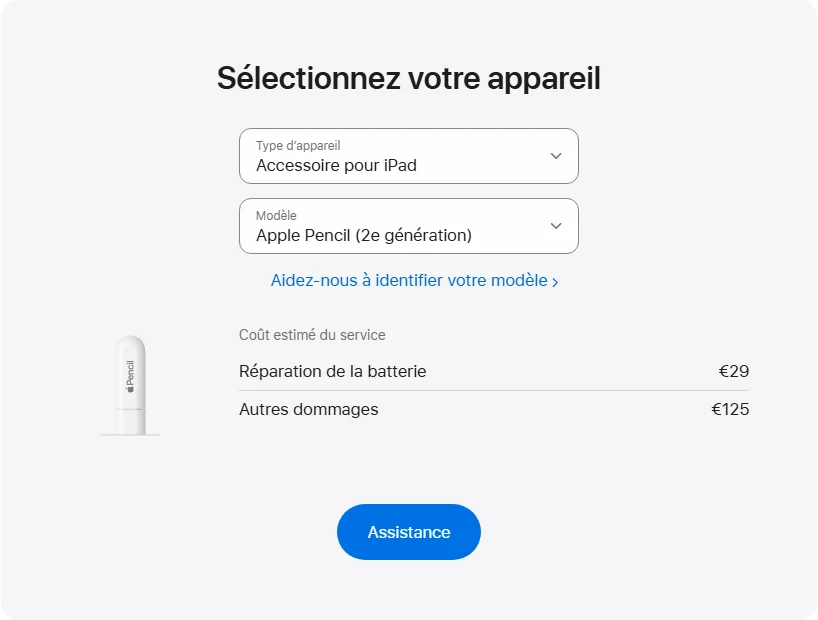 Apple France's repair pricing panel showing Apple Pencil (2e génération) service estimates