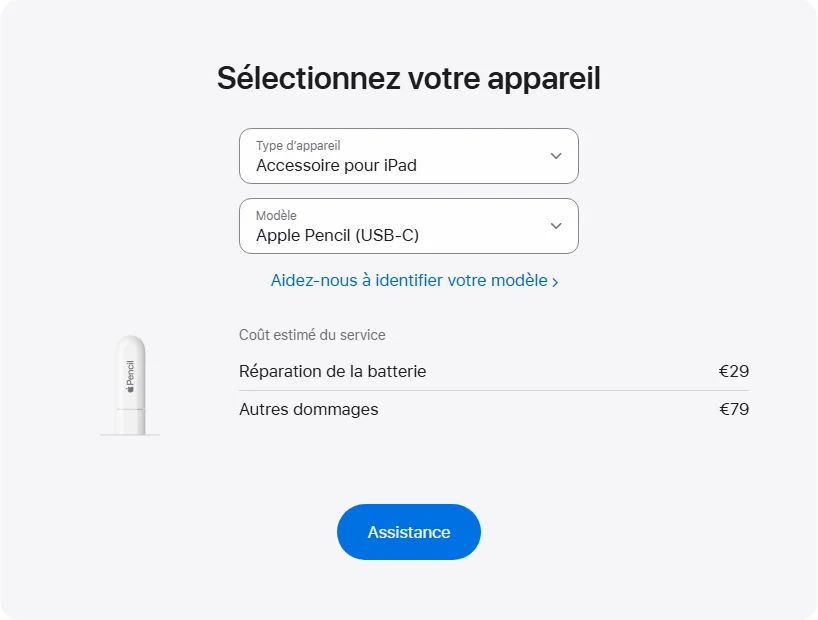 Apple France's repair pricing panel showing Apple Pencil (USB-C) service estimates