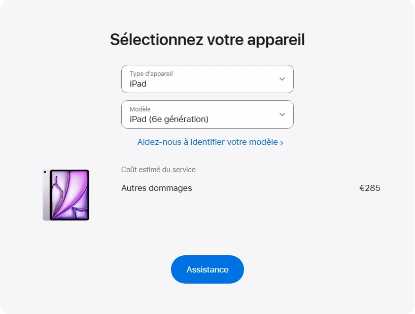 Apple France's repair pricing panel showing iPad (6e génération) service estimates