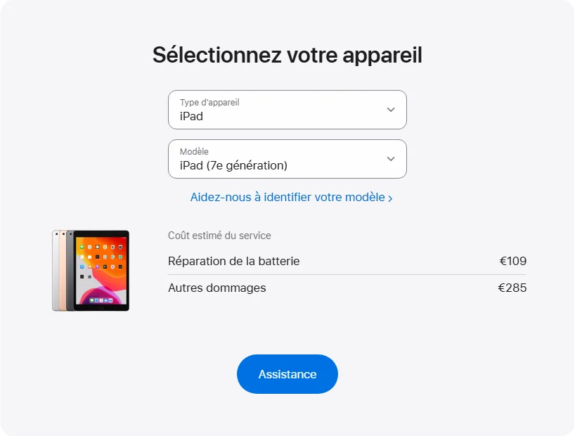 Apple France's repair pricing panel showing iPad (7e génération) service estimates