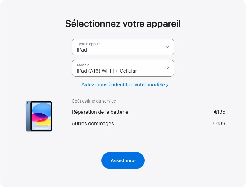 Apple France's repair pricing panel showing iPad (A16) Wi-Fi + Cellular service estimates