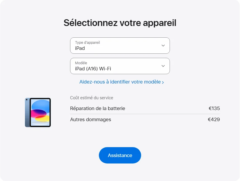 Apple France's repair pricing panel showing iPad (A16) Wi-Fi service estimates