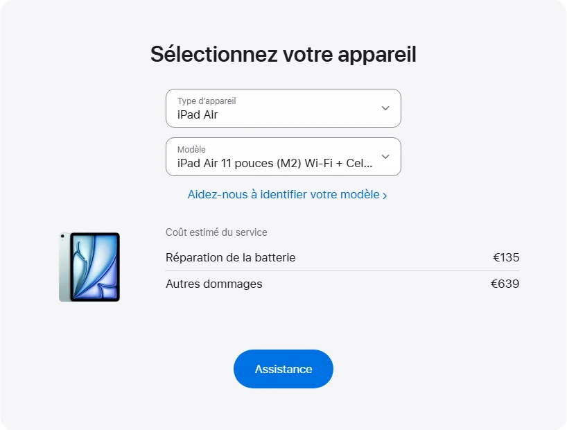 Apple France's repair pricing panel showing iPad Air 11 pouces (M2) Wi-Fi + Cellular service estimates