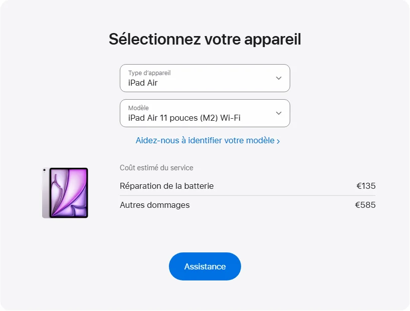 Apple France's repair pricing panel showing iPad Air 11 pouces (M2) Wi-Fi service estimates