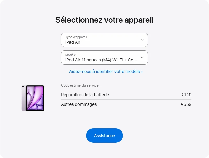 Apple France's repair pricing panel showing iPad Air 11 pouces (M4) Wi-Fi + Cellular service estimates