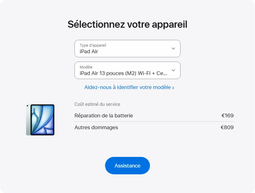 Apple France's repair pricing panel showing iPad Air 13 pouces (M2) Wi-Fi + Cellular service estimates