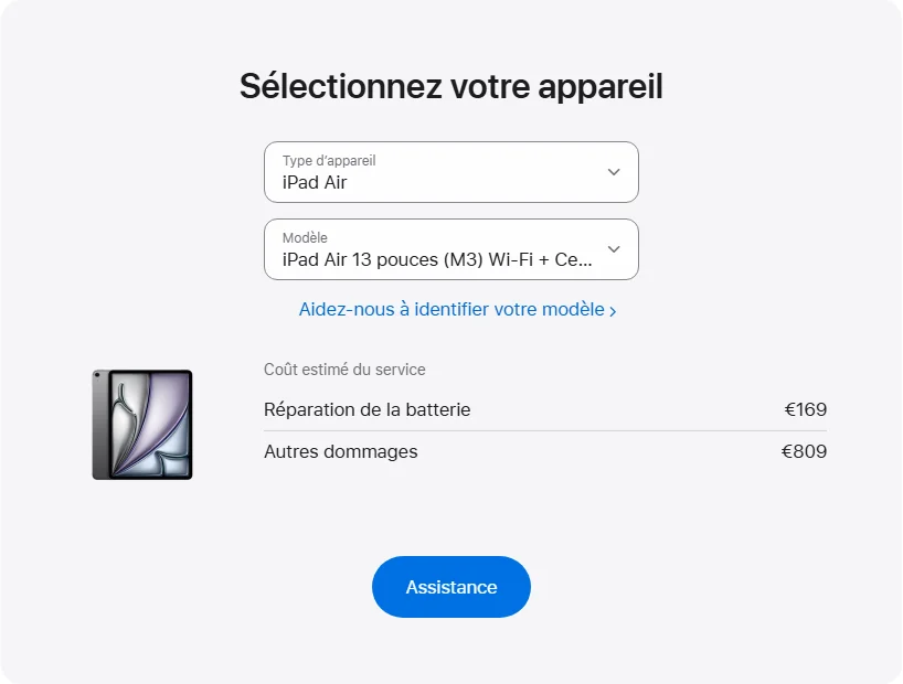 Apple France's repair pricing panel showing iPad Air 13 pouces (M3) Wi-Fi + Cellular service estimates